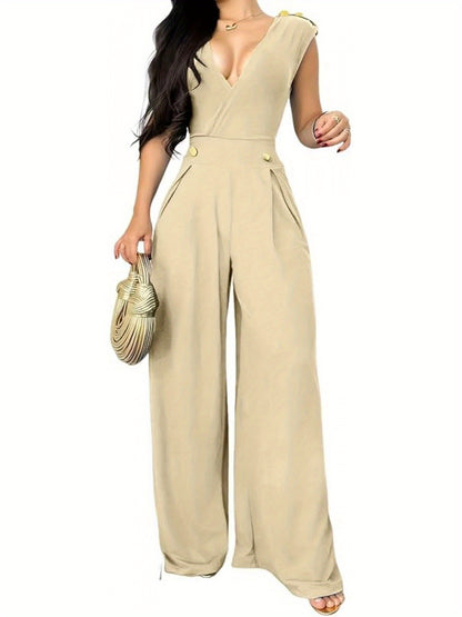 [Everyday Elegance] Elegant Sleeveless V-Neck Jumpsuit for Women - High Waist, Wide Leg, Full Length Romper with Golden Button Details, Black, Casual to Dressy Outfit for Everyday or Special Occasions, Versatile Outfit | Gold