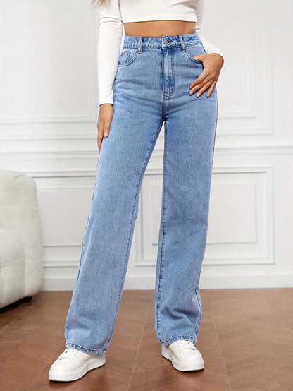 Women's High Waist Stretchy Jeans - Non-See-Through Washed Denim Pants with Straight Leg Fit, Stretchy Fabric for Everyday & Formal Outfits - Machine Washable All-Season Women's Pants, Street Style, Sleek Silhouette, Comforta