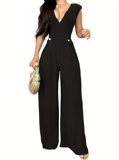 [Everyday Elegance] Elegant Sleeveless V-Neck Jumpsuit for Women - High Waist, Wide Leg, Full Length Romper with Golden Button Details, Black, Casual to Dressy Outfit for Everyday or Special Occasions, Versatile Outfit | Gold