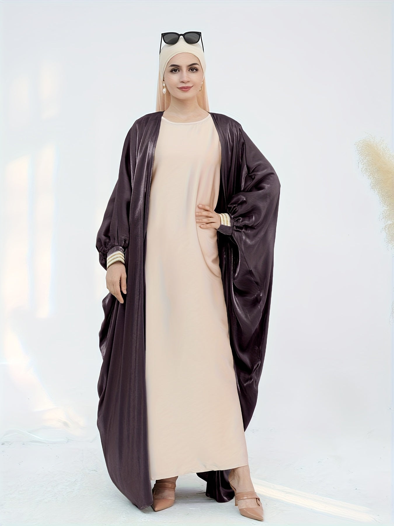 Women'S Reflective Golden & Gray Batwing Sleeve Long Tunic - Long Sleeve, Flowing Design, Perfect for Spring/Summer, Stylish Layering Piece, Summer Fashion | Flowing Tunic | Glossy Finish