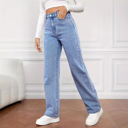 Women's High Waist Stretchy Jeans - Non-See-Through Washed Denim Pants with Straight Leg Fit, Stretchy Fabric for Everyday & Formal Outfits - Machine Washable All-Season Women's Pants, Street Style, Sleek Silhouette, Comforta