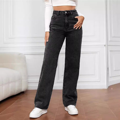 Women's High Waist Stretchy Jeans - Non-See-Through Washed Denim Pants with Straight Leg Fit, Stretchy Fabric for Everyday & Formal Outfits - Machine Washable All-Season Women's Pants, Street Style, Sleek Silhouette, Comforta