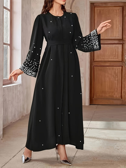 [Elegant Abaya Dress] Black Elegant Abaya Dress | Middle Eastern-Inspired, Pearl Embellishments, Sleeve Belted Waist, Puffed Shoulders & Length for Modest Formal & Casual Wear, All-season Outfit, Sparkling Details