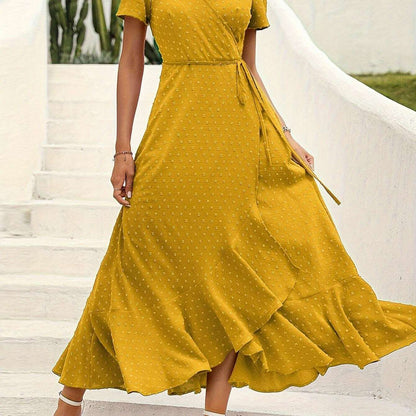 Elegant Women's Swiss Dot Surplice Neck Maxi Dress - D&M Boutique 