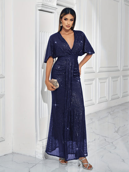 Sparkling V-neck Waist Cinched Dress