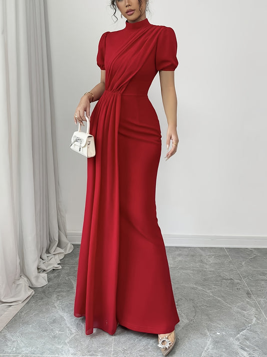 Elegant Red Midi Dress for Women - High Neck, Short Sleeves, Ruched Waist, Flowing Skirt, Perfect for Weddings or Formal Events, Polyester Blend, Machine Washable, Formal Event Attire|Ruched Waist Dress|Polyester Blend Dress