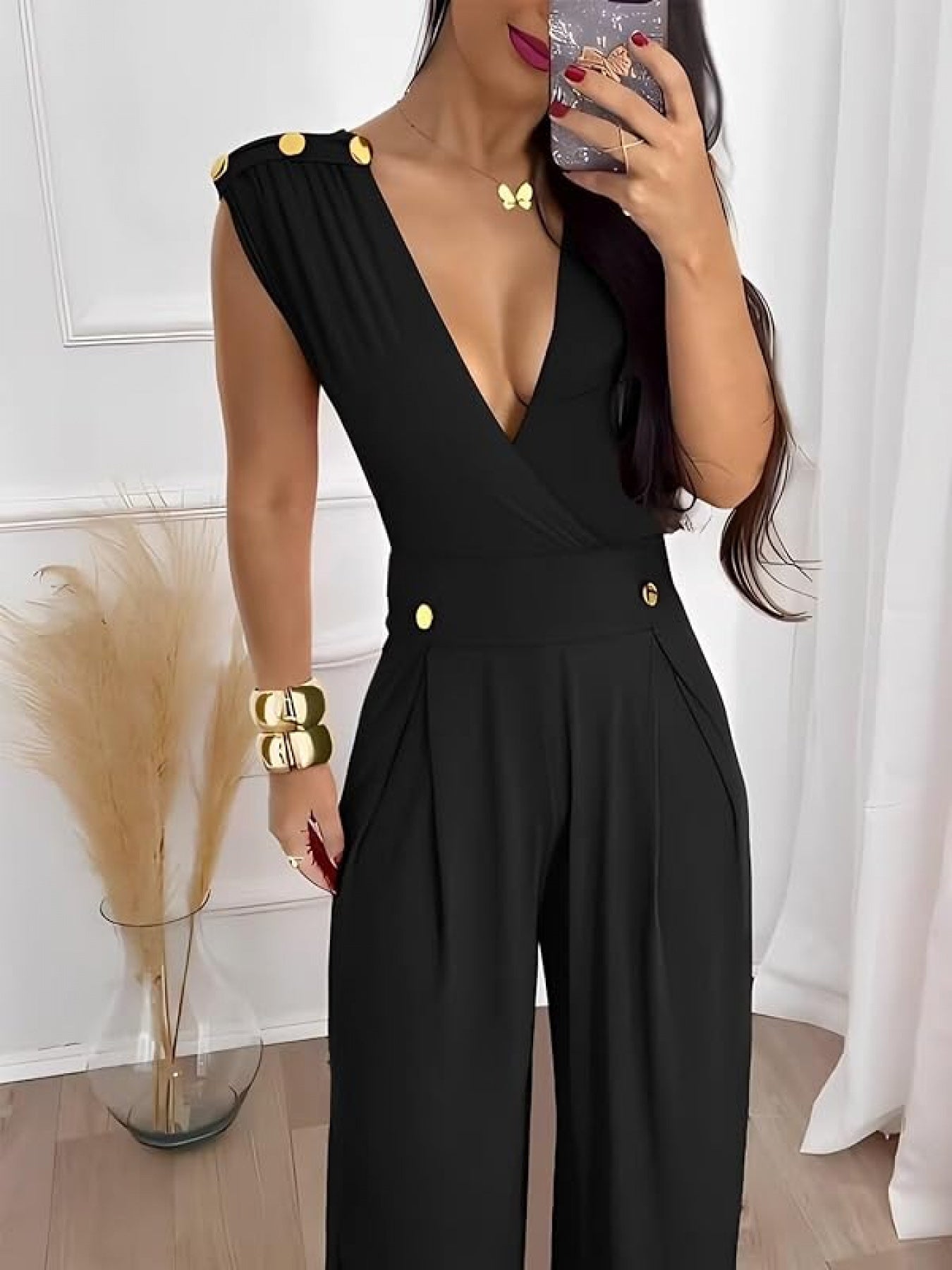 [Everyday Elegance] Elegant Sleeveless V-Neck Jumpsuit for Women - High Waist, Wide Leg, Full Length Romper with Golden Button Details, Black, Casual to Dressy Outfit for Everyday or Special Occasions, Versatile Outfit | Gold