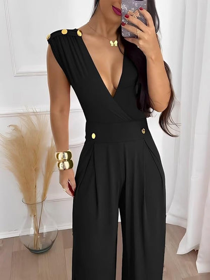 [Everyday Elegance] Elegant Sleeveless V-Neck Jumpsuit for Women - High Waist, Wide Leg, Full Length Romper with Golden Button Details, Black, Casual to Dressy Outfit for Everyday or Special Occasions, Versatile Outfit | Gold