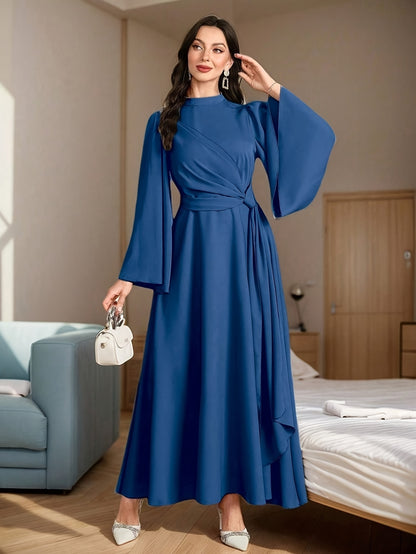 [Muslin Ramadan Dress] Ramadan Women's Evening Dress, Muslin Arabic Gown with Long Flared Sleeves, Stand Collar, Side Embellishments