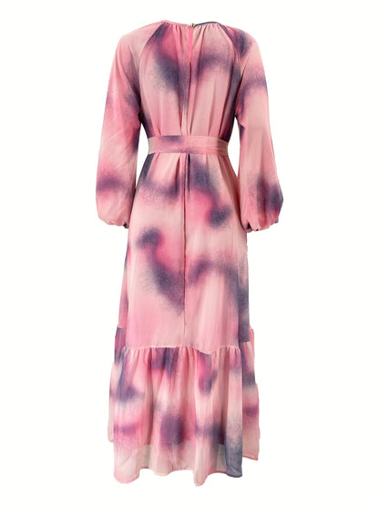 Elegant Long Dress with a Round Neck, Tie-Dye Design, And Waist Belt, Perfect for Casual Gatherings And Vacations in The Middle East for Muslim Women (Headscarf Not Included).