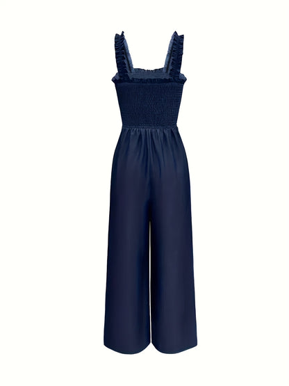 Women's One-piece Overalls Romper Smocked Front Wide Pants Jumpsuit