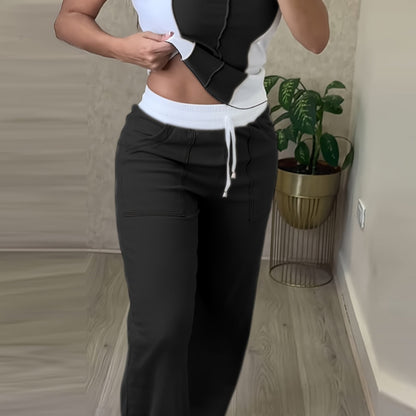 Casual Color Block Pantsuit – Drawstring Waist Set