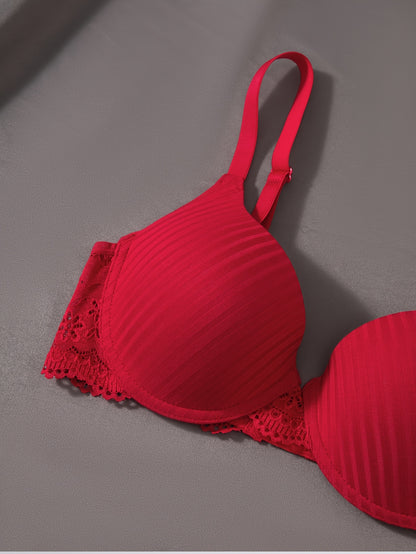 6pcs Women's Elegant Striped Push-Up Bra Set in Black, Beige, Red, White, Light Blue, Navy Blue - Soft, Breathable, Full Coverage Underwire Support with Lace Detailing | Comfortable Everyday Bras | Elegant Striped Bra Set | C