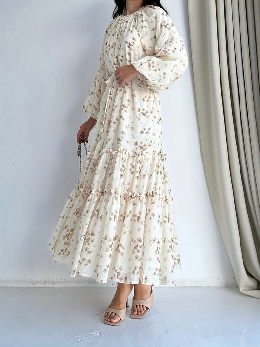Stunning Floral Print Crew Neck A-Line Dress - Elegant Long Sleeve, Tiered Hem, Comfortable Fit, Versatile Occasion Wear - Womens Clothing for Everyday Elegance