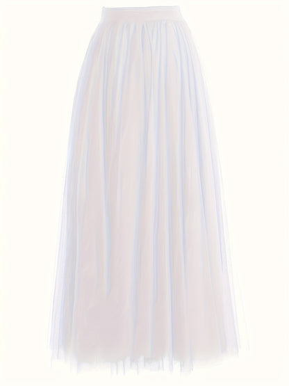 [Elegant Maxi Skirt] Red Elegant High-Waist Tulle Maxi Skirt | Asymmetrical Hem, Solid Color Polyester Lined, All-Season Mesh A-Line Skirt with Elastic Waistband, Formal Event Attire, Flowing Design, Polyester Lining