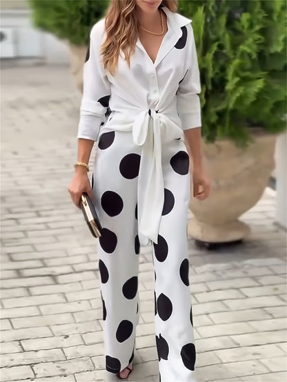 Polka Dot Outfit Set – Blouse & Wide Leg Pants