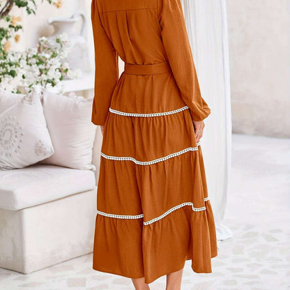 Women'S Spring Casual Dress Loose Drawstring Lantern Sleeve Long Sleeve Tier Dress With Pockets
