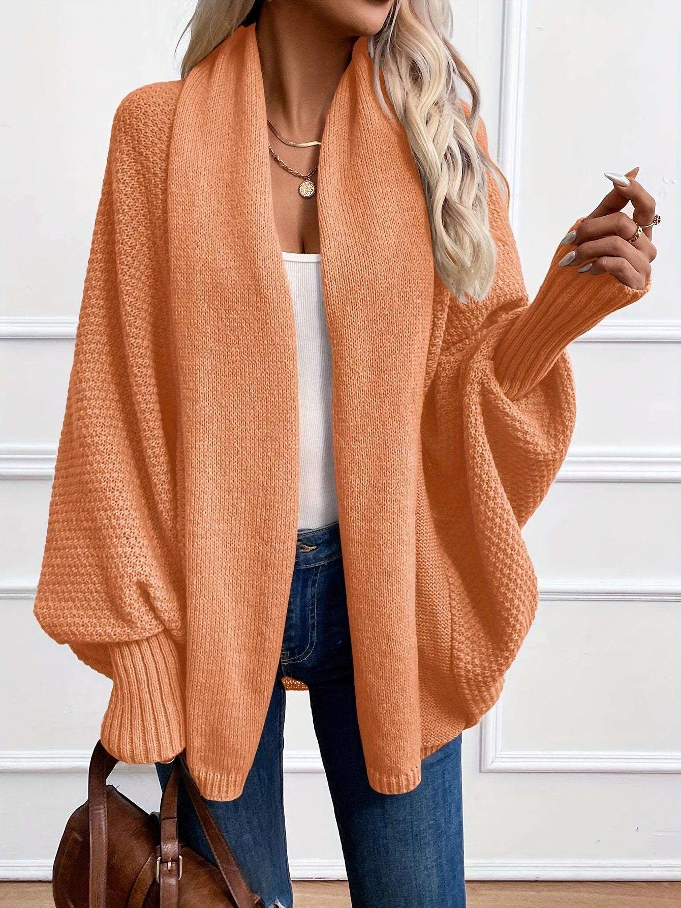 [Elegant Cardigan] Lightweight Polyester Elegant Women's Solid Color Bell Sleeve Cardigan | Contrast Collar, Perfect for Spring/Fall & Winter, Autumn Winter Fashion