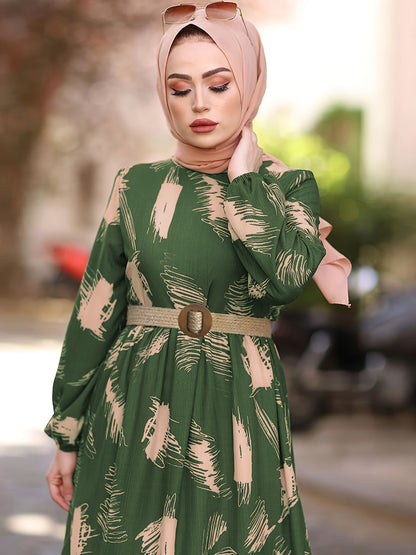 Long Sleeve Ramadan All Over Print Crew Neck Maxi Kaftan, Casual Women's Clothing