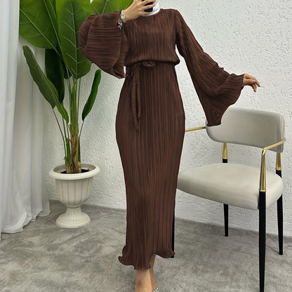Solid Textured Belted Modest Dress, Elegant Flare Sleeve Simple Maxi Dress For Spring & Fall, Women's Clothing