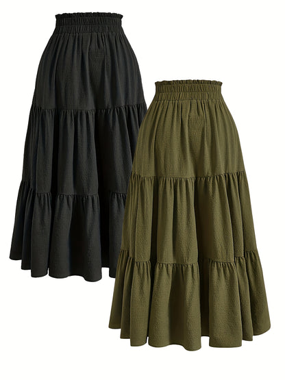 Women'S Two-Piece Solid Color Skirt Set - Black and Olive Green, Casual Style with Drawstring Waist, Elastic Ruffle Hem, Pleated Long Length, All-Season Wear, Casual Attire|Ruffle Hem Skirt|Drawstring Waist Skirt