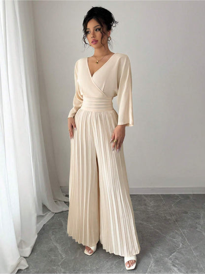 Women'S Elegant Beige Jumpsuit - V-Neck, Three-Quarter Sleeve, Wide-Leg Design with Tie Waist, Solid Color, Perfect for Vacation or Casual Outings, Vacation Attire | Vneck Jumpsuit | Glossy Texture