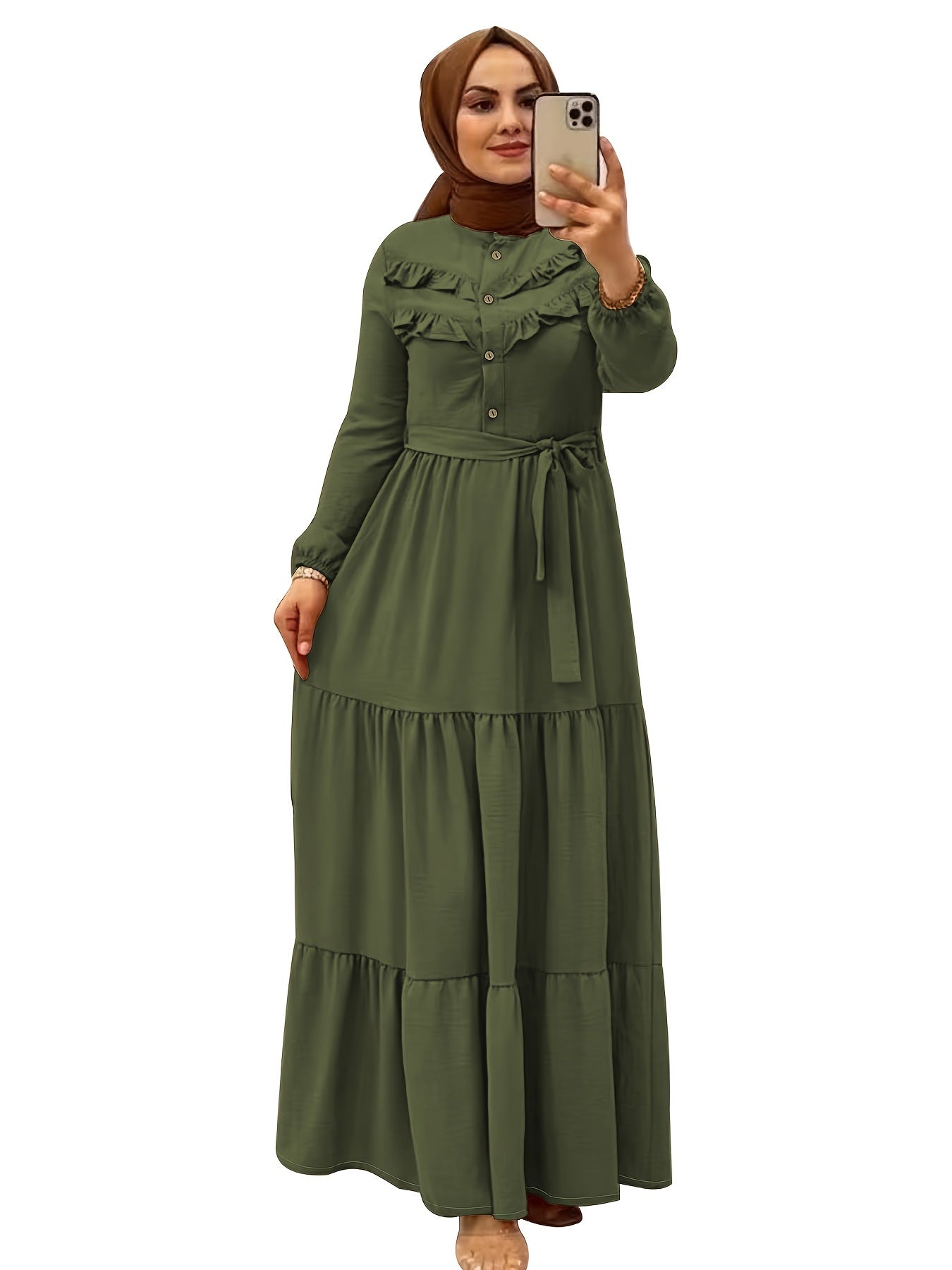 [Light Green Maxi Dress] Casual Light Green Polyester Maxi Dress - Elegant Solid Color with Ruffle Hem & Button Detail, Machine Washable - Hijab Not Included
