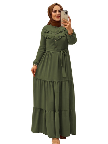 [Light Green Maxi Dress] Casual Light Green Polyester Maxi Dress - Elegant Solid Color with Ruffle Hem & Button Detail, Machine Washable - Hijab Not Included