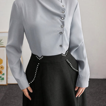 Women's Elegant French-Inspired Lace-Up Blouse with Cross Neckline & Pleated Detailing - Thick Non-Pilling Long Sleeve Shirt, Machine Washable Solid Color Top for Spring/Fall Office & Casual Wear, Lace Long Sleeve Top, Profes