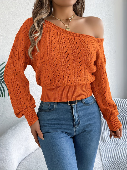 Elegant Slant Shoulder Cut-Out Knit Sweater for Women