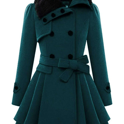 Women's Winter Double-Breasted Pea Coat with Faux Fur