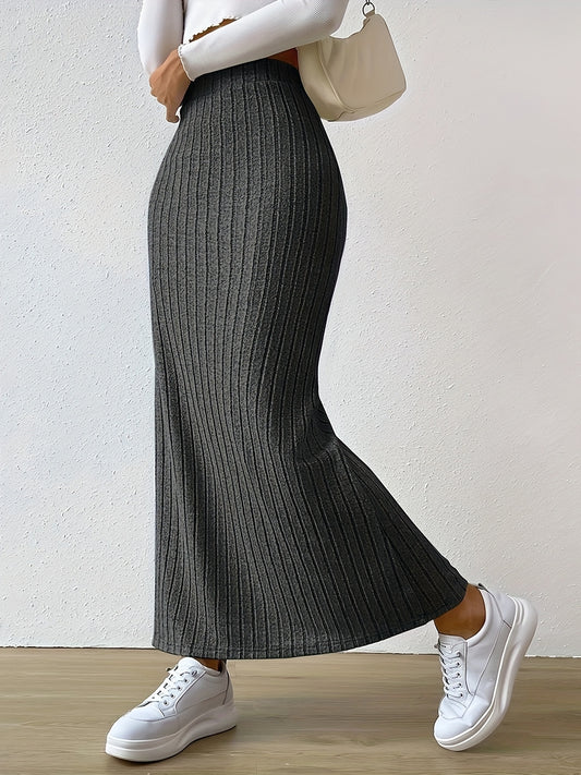Elegant High-Waisted Ribbed Maxi Skirt with Side Slit - Stretchy Polyester Blend, Solid Color Dark Gray, Long Length for Women’s Fashion, Semiformal Attire | Modern Maxi Skirt | Knitted Fabric