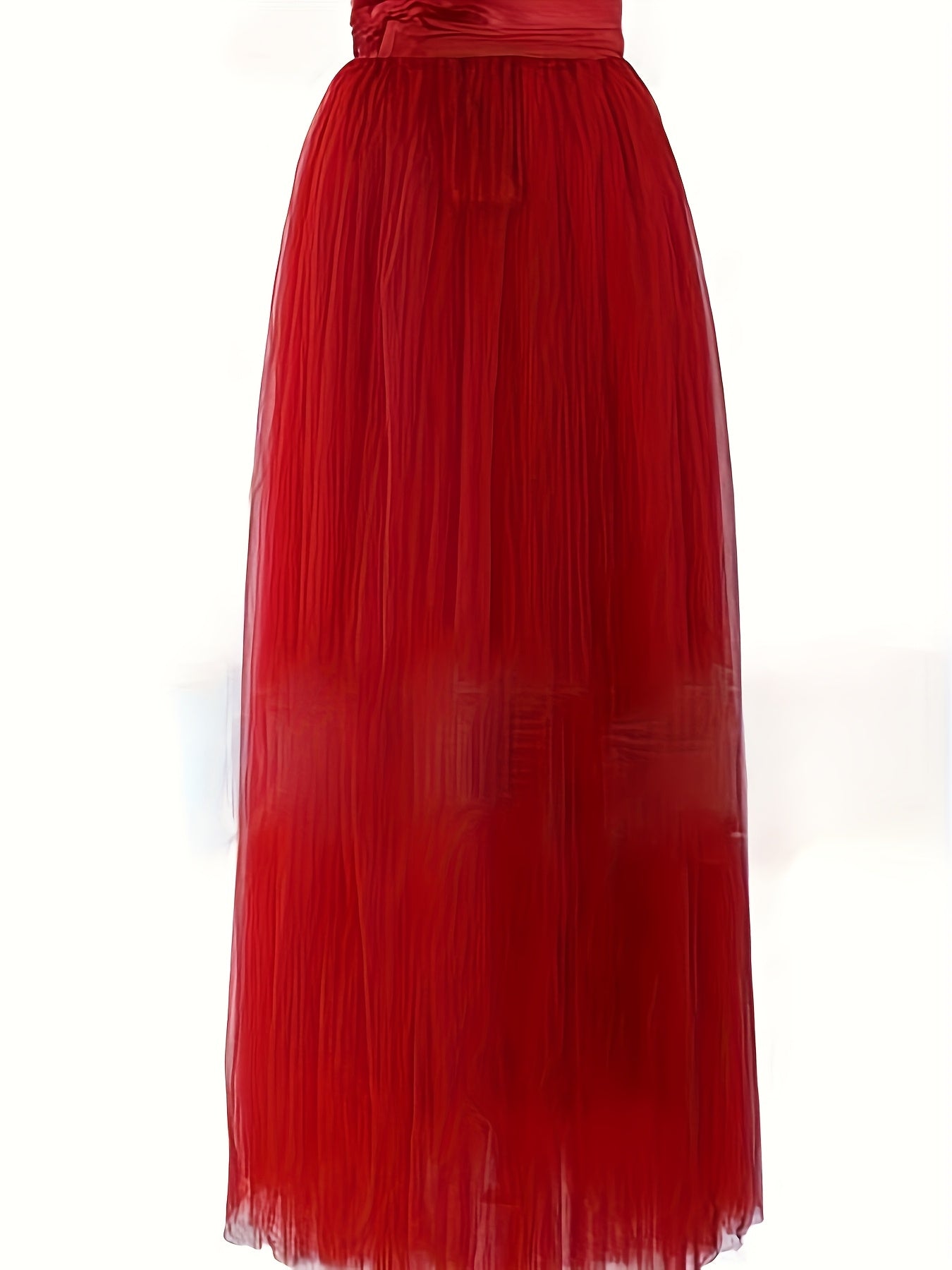 [Elegant Maxi Skirt] Red Elegant High-Waist Tulle Maxi Skirt | Asymmetrical Hem, Solid Color Polyester Lined, All-Season Mesh A-Line Skirt with Elastic Waistband, Formal Event Attire, Flowing Design, Polyester Lining