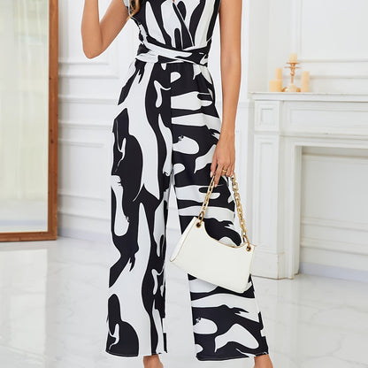 1pc Women'S Fashionable Random Print Backless Jumpsuit