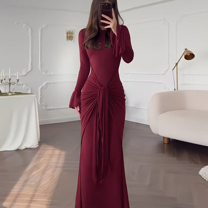 Elegant Maroon Long Sleeve Maxi Dress with Ruched Waist and Tie Detail - Stretchy, Flowing Design for Indoor Evening Events, Perfect for Fall/Winter Gatherings, Formal Evening Wear|Ruched Waist Dress|Stretchy Fabric