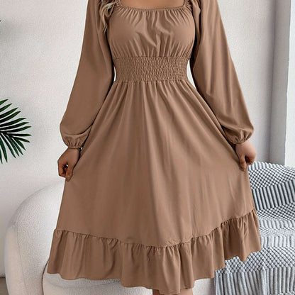 Ruffle Hem Lantern Sleeve A-line Dress, Elegant Solid Color Square Neck Backless Shirred Dress, Women's Clothing