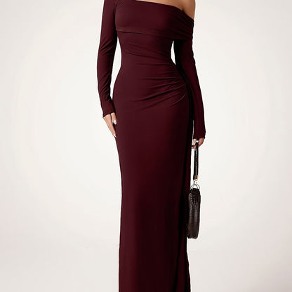 Elegant Off-Shoulder Maroon Maxi Dress for Women - Long Sleeve, Ruched Design, Perfect for Formal Events, Adult Fashion, Formal Evening Wear|Ruched Texture|Polyester Fabric