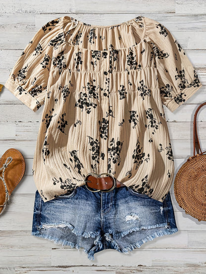 Women'S Floral Print Blouse - Beige & Black Floral Shirt with Button Front Placket, Lightweight Summer Tops for Casual & Formal Outfits - Everyday Chic Women'S Clothing, Floral Print Blouse, Spring Fashion, Elegant Design, Br