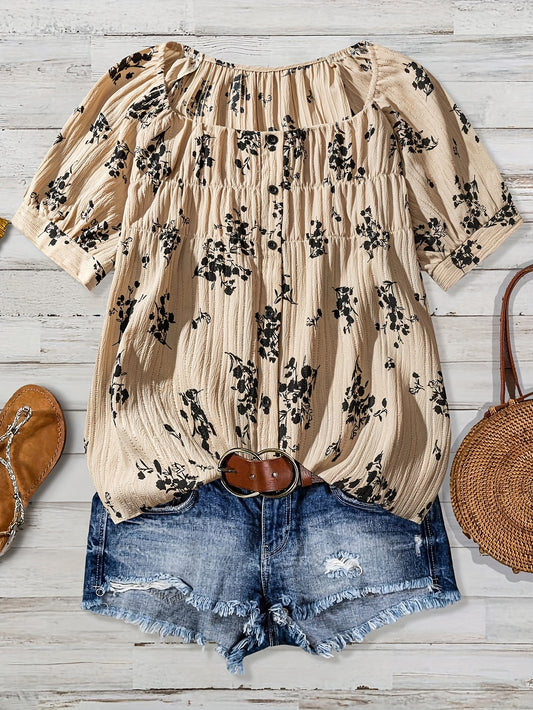 Women'S Floral Print Blouse - Beige & Black Floral Shirt with Button Front Placket, Lightweight Summer Tops for Casual & Formal Outfits - Everyday Chic Women'S Clothing, Floral Print Blouse, Spring Fashion, Elegant Design, Br