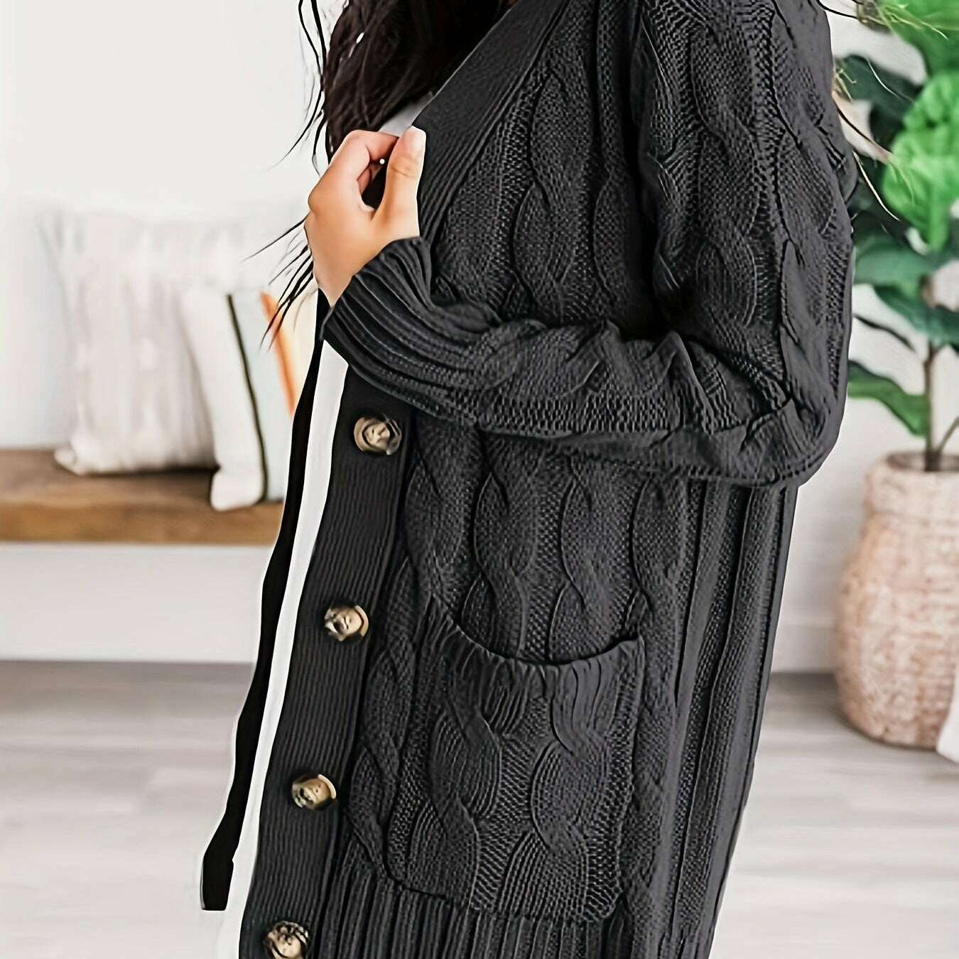 V-Neck Long Sleeve Knitted Cardigan with Pockets