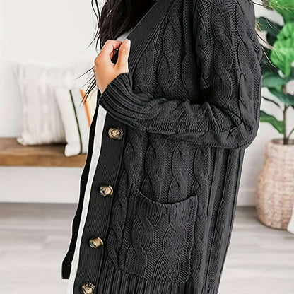 V-Neck Long Sleeve Knitted Cardigan with Pockets