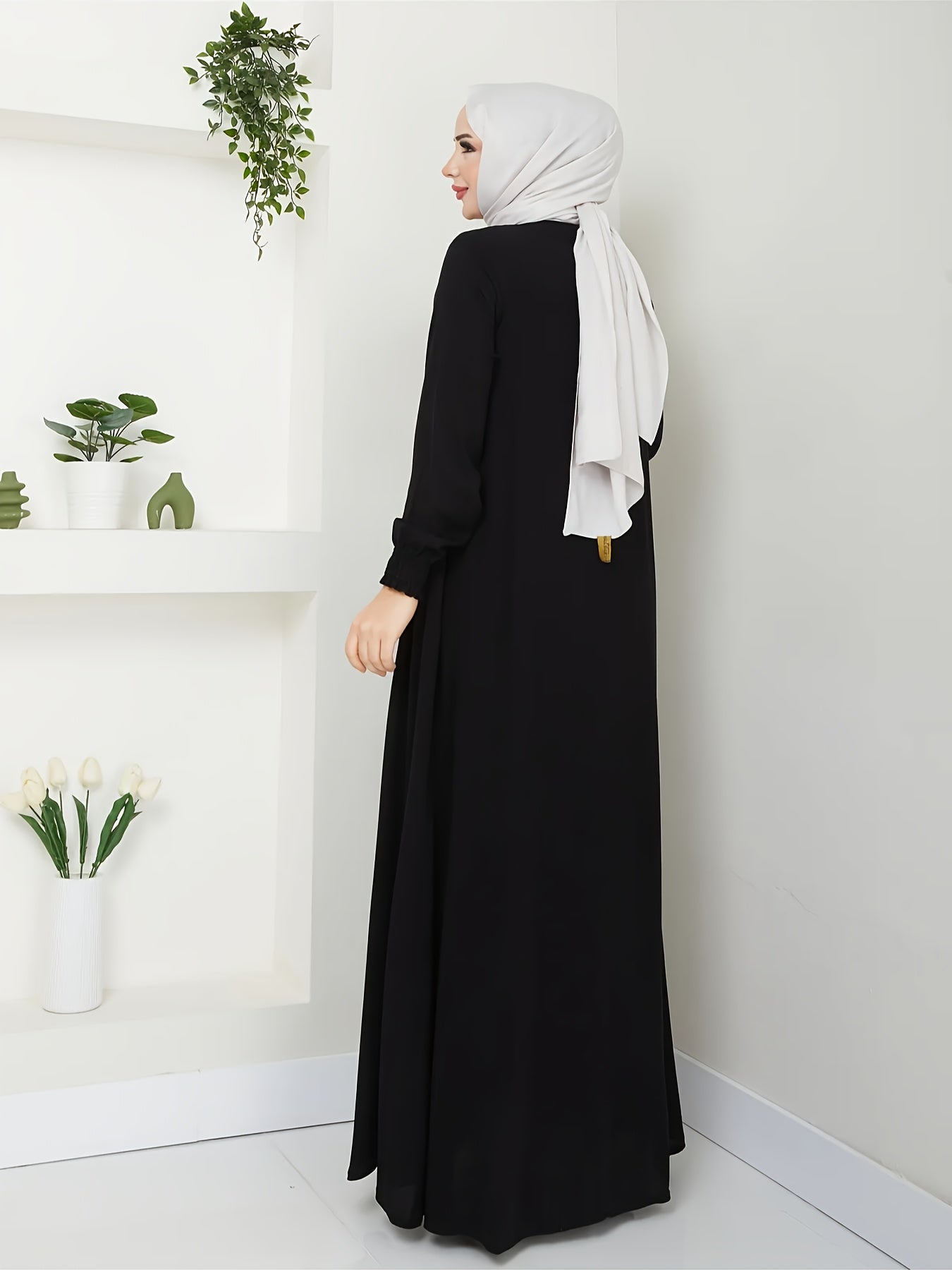 Women's Elegant Islamic Abaya Robe - Muslim Dress with Zipper Closure, Non-Stretchy Full Coverage Islamic Clothing for Everyday & Special Occasions - Modest Muslim Gown (Black) - Model 8322