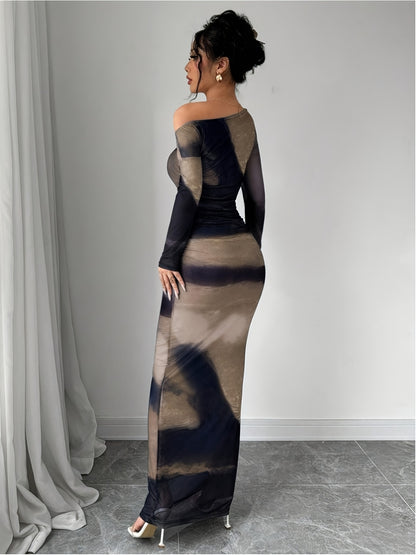 [Elegant Maxi Dress] Elegant Off-Shoulder Maxi Dress | Long Sleeve, Bodycon Fit, Tie Waist, Beige and Navy Blue - Perfect for Spring, Summer, and Fall, Casual to Formal Occasions
