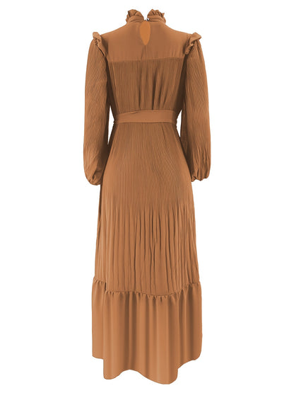 Women's Middle Eastern Muslim Abaya Kaftan Dress - Modest Long Sleeve Ruffled Hem Solid Color Traditional Dress with Belt, Machine Washable All-Season Casual Wear, Modest Apparel | Soft Texture
