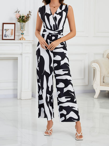 1pc Women'S Fashionable Random Print Backless Jumpsuit