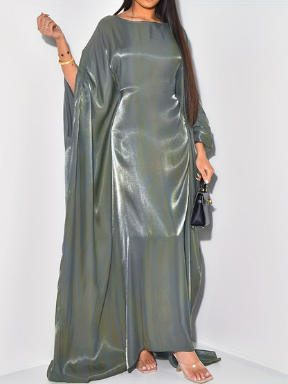 Elegant Sparkling Metallic Abaya for Women - One Size, Long Sleeve, Round Neck with Side Slit, All-Season Flowing Maxi Dress, Casual Wear|Shimmering Abaya| Flowing Design