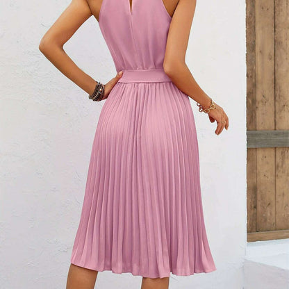 Women's Sleeveless Halter Pleated A-Line Summer Dress - D&M Boutique