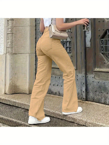 Women'S High-Waisted Straight-Leg Jeans - Stretch Denim with Pockets, Beige, Casual & Workplace Style, Mid-Rise, Flared Design, Perfect for Spring Commuting, High Waisted Jeans