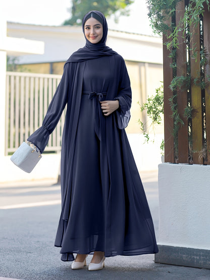 Middle Eastern Muslim Elegant Chiffon Abaya Set with Vest and Belted Outer Wrap