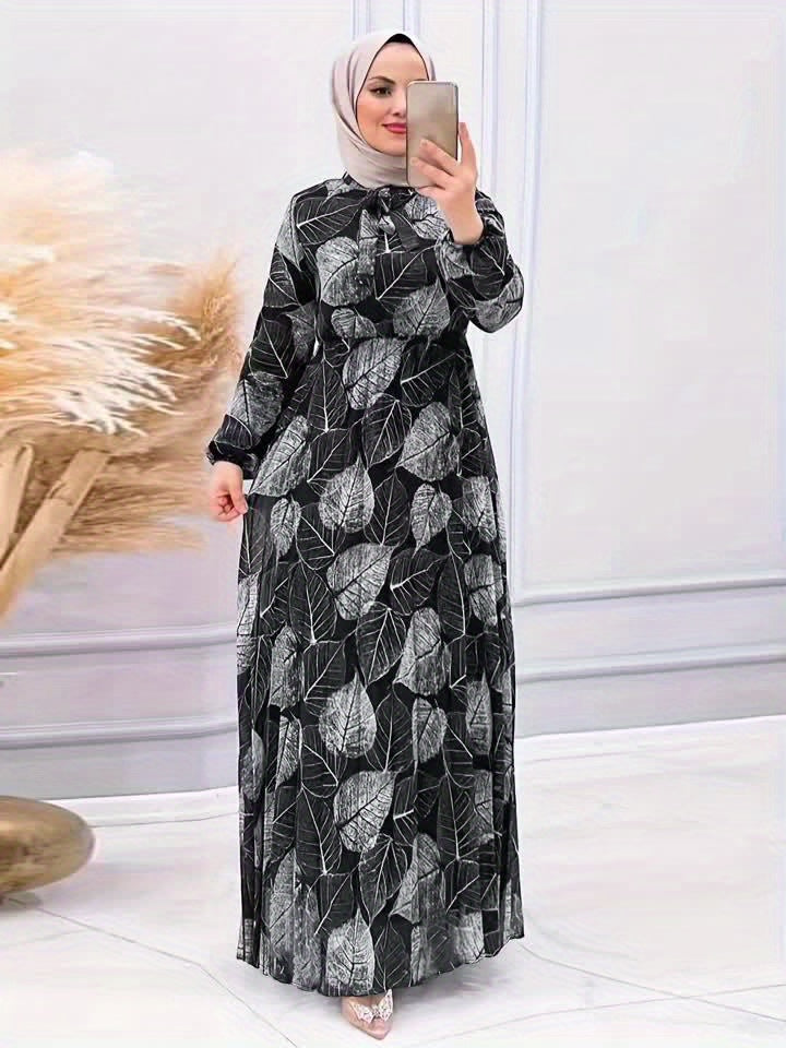 [Modest Wear Muslim Dress] Modest Wear Muslim Dress - Black & White Leaf Print Long Sleeves Polyester Blend - Pleated Waist Design, Machine Washable for All Seasons